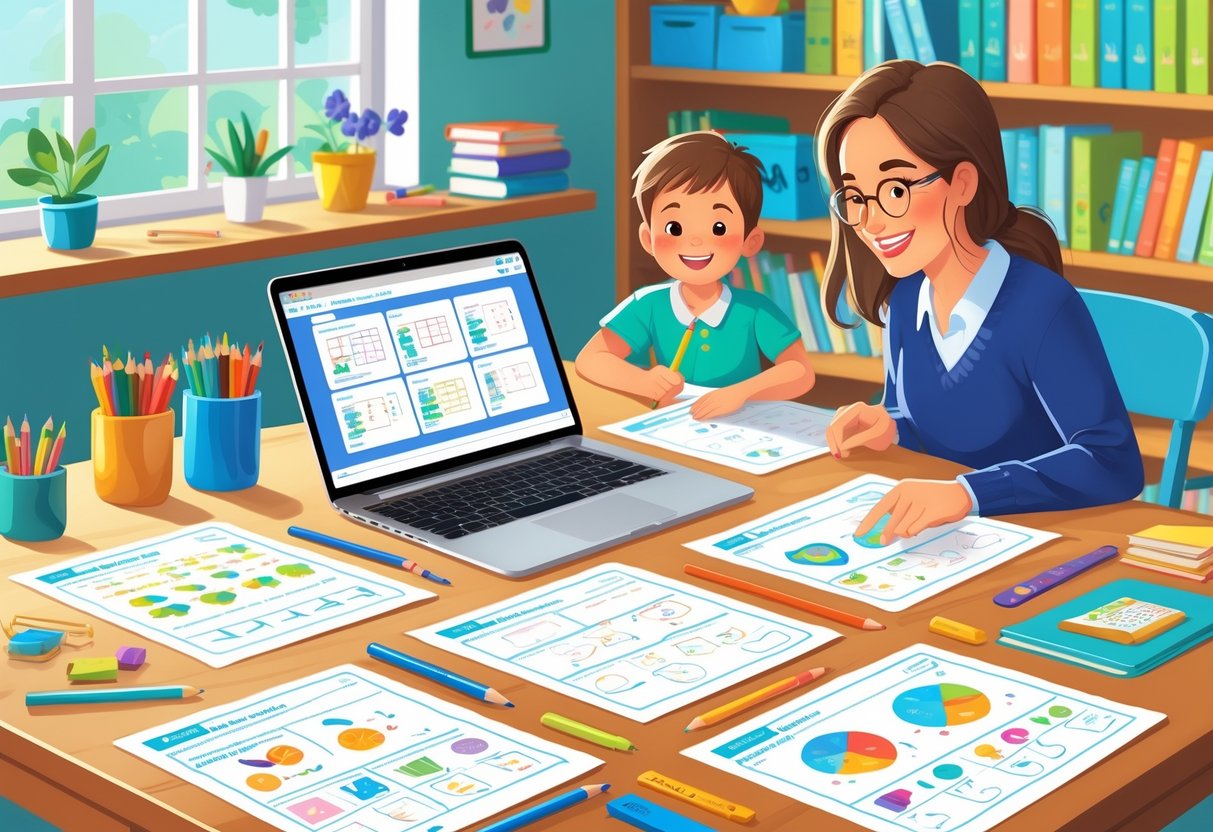 Worksheets for Teachers: The Ultimate Guide to Printable Resources LearningMole A child and a teacher working together at a desk with educational worksheets and stationery in a bright, organised homeschool setting.