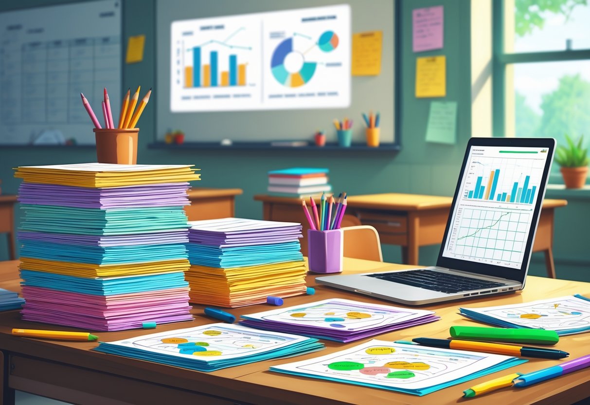 Worksheets for Teachers: The Ultimate Guide to Printable Resources LearningMole A teacher's desk with organised stacks of worksheets, stationery, and a laptop in a classroom setting.