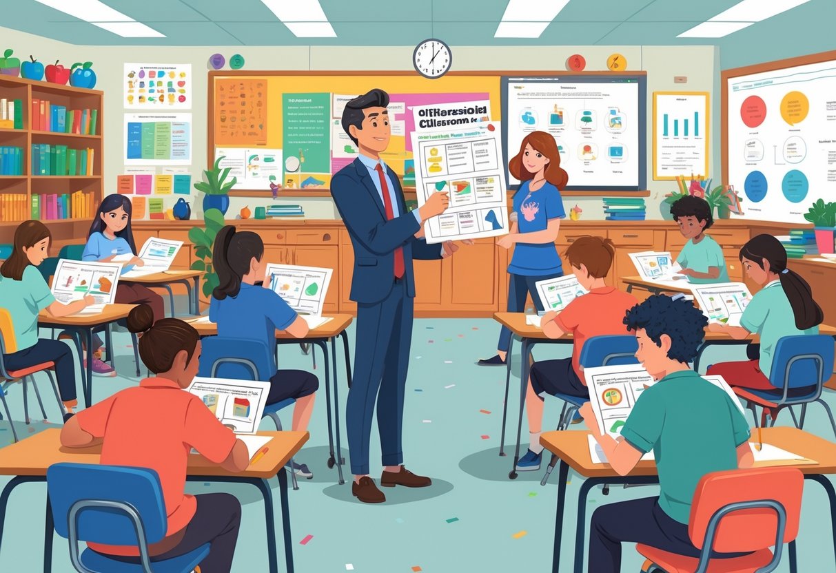 Worksheets for Teachers: The Ultimate Guide to Printable Resources LearningMole A teacher helping a diverse group of students working on different worksheets in a bright classroom.