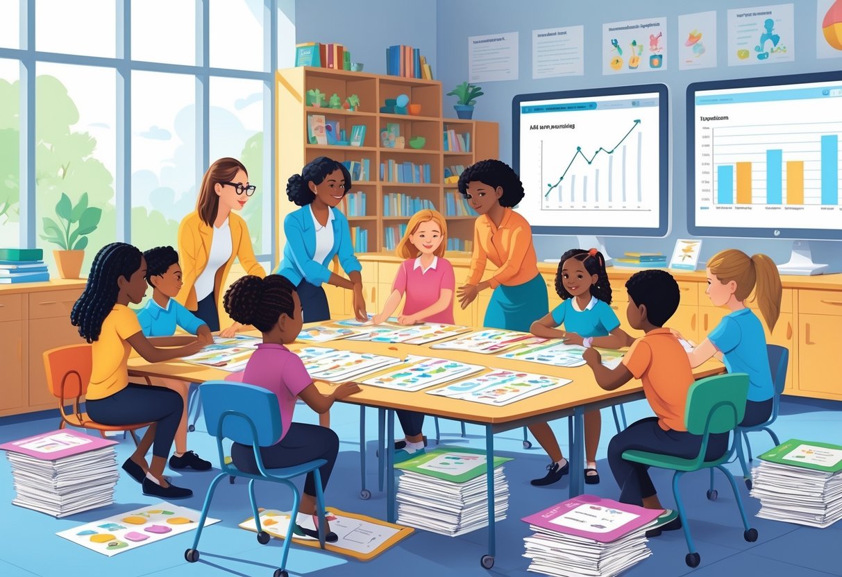 Worksheets for Teachers: The Ultimate Guide to Printable Resources LearningMole A group of teachers working together in a bright classroom with organised piles of worksheets and educational materials.