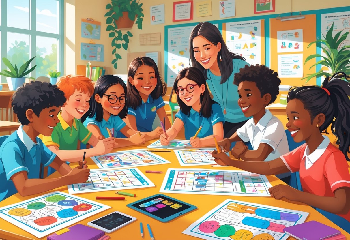 Worksheets for Teachers: The Ultimate Guide to Printable Resources LearningMole A group of children working together on colourful worksheets at their desks while a teacher supports them in a bright classroom.