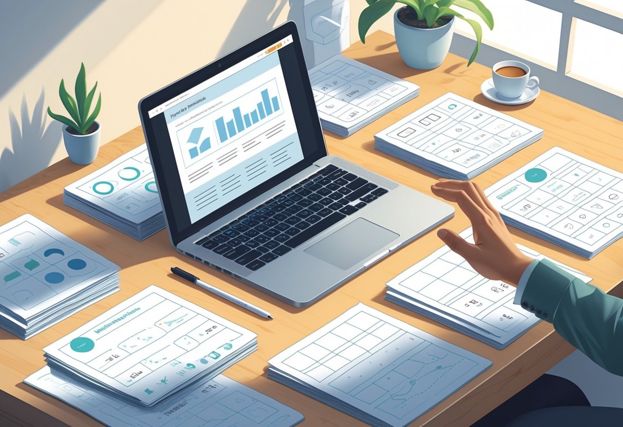 Downloadable Worksheets: Free Printable Learning Resources LearningMole A tidy desk with a laptop and printed educational worksheets, a hand reaching to pick one up, with a plant and coffee cup nearby.