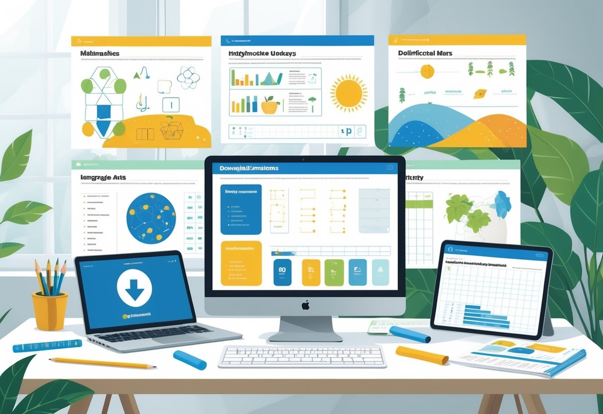 Downloadable Worksheets: Free Printable Learning Resources LearningMole A tidy desk with various educational worksheets on different subjects, a laptop and tablet displaying worksheet previews, and stationery arranged neatly around them.