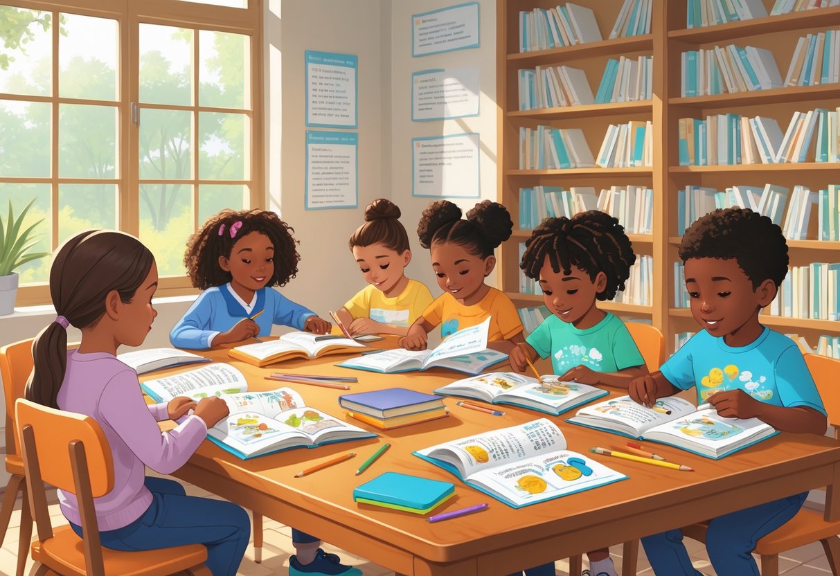 English Worksheets: Comprehensive Teaching and Learning Resources LearningMole Children sitting at a table reading books and worksheets in a bright, organised learning space with bookshelves and educational materials around them.