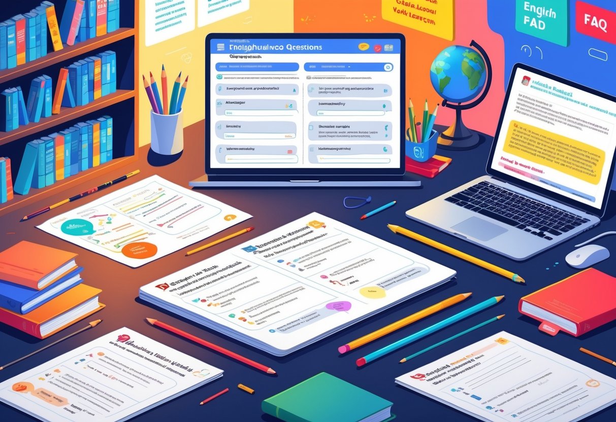 English Worksheets: Comprehensive Teaching and Learning Resources LearningMole A tidy study desk with English learning worksheets, writing tools, an open dictionary, and a laptop, surrounded by bookshelves and educational items.