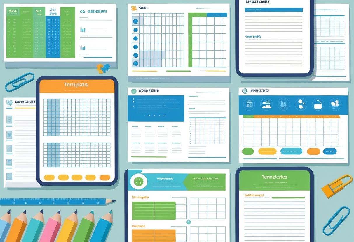 Worksheet Templates: Creative Ideas & Design Tips for Any Purpose LearningMole A collection of worksheet templates with grids, tables, and icons, arranged alongside stationery items on a light background.