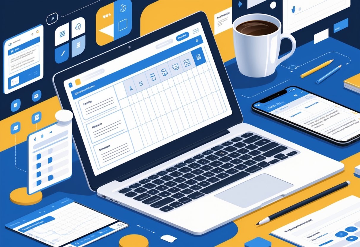Worksheet Templates: Creative Ideas & Design Tips for Any Purpose LearningMole A workspace with a laptop showing a worksheet template editor, surrounded by digital tool icons, stationery, and a smartphone displaying a worksheet preview.