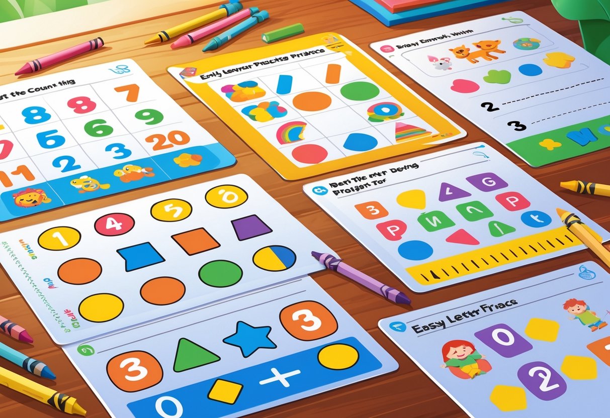 Practice Worksheets: Essential Guides, Types & Tips for Learners LearningMole A collection of colourful early learner practice worksheets with counting, shapes, and letter tracing activities on a desk with crayons and pencils.