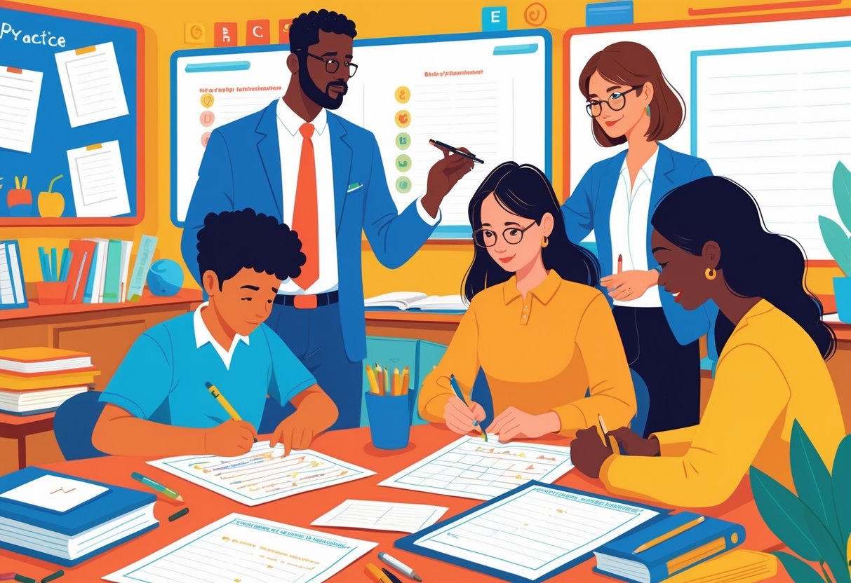 Practice Worksheets: Essential Guides, Types & Tips for Learners LearningMole A diverse group of people including a student, a teacher, and an adult learner using practice worksheets in a bright classroom setting.