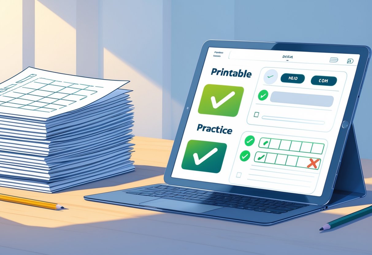 Practice Worksheets: Essential Guides, Types & Tips for Learners LearningMole A split scene showing printed worksheets and a pencil on a desk on one side, and a tablet displaying a digital worksheet on the other side, illustrating the comparison between printable and digital practice worksheets.