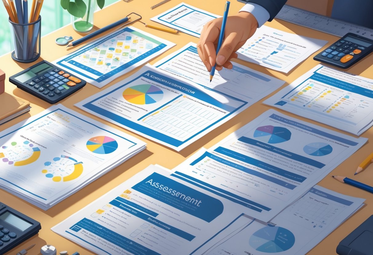 Assessment Worksheets: Essential Guides, Tips & Free Printables LearningMole A desk with several different assessment worksheets and stationery items arranged neatly, showing various question types and charts.