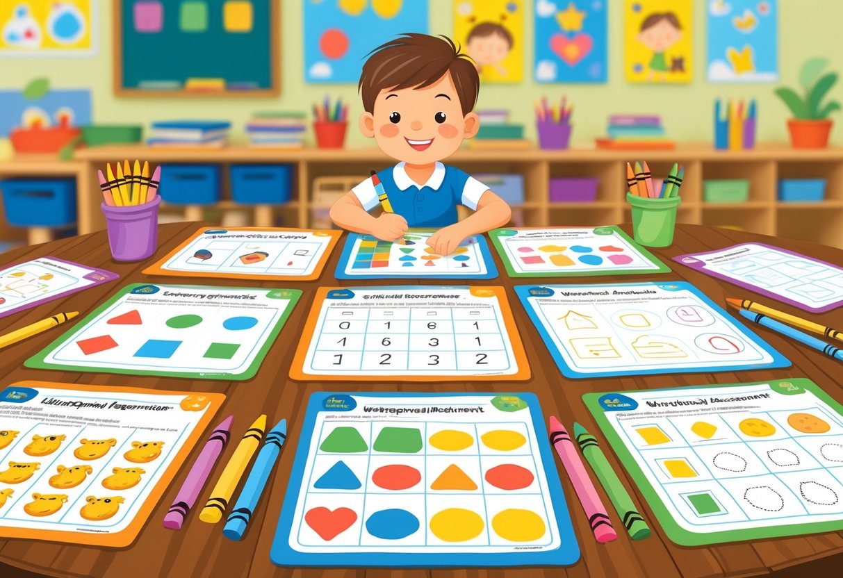 Assessment Worksheets: Essential Guides, Tips & Free Printables LearningMole A young child working on colourful kindergarten worksheets with counting, shapes, and letters on a table in a classroom.