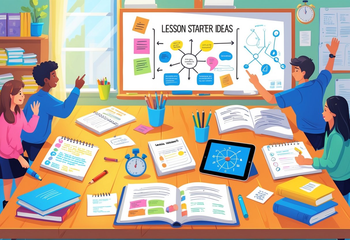 Lesson Starter Ideas: Engaging Ways to Begin Every Lesson LearningMole A classroom scene showing a teacher and students engaged in various activities around a desk with educational materials and tools for starting lessons.