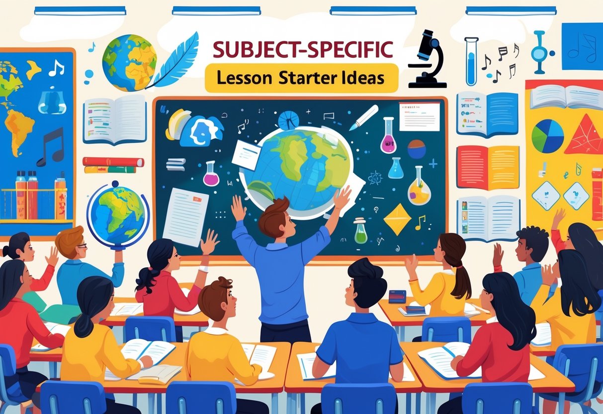 Lesson Starter Ideas: Engaging Ways to Begin Every Lesson LearningMole A teacher presenting creative lesson starter materials to a group of engaged students in a classroom with visual elements representing different school subjects.