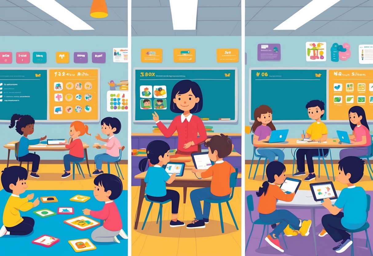 Lesson Starter Ideas: Engaging Ways to Begin Every Lesson LearningMole A teacher working with three groups of children of different ages in a classroom, each group engaged in age-appropriate learning activities.