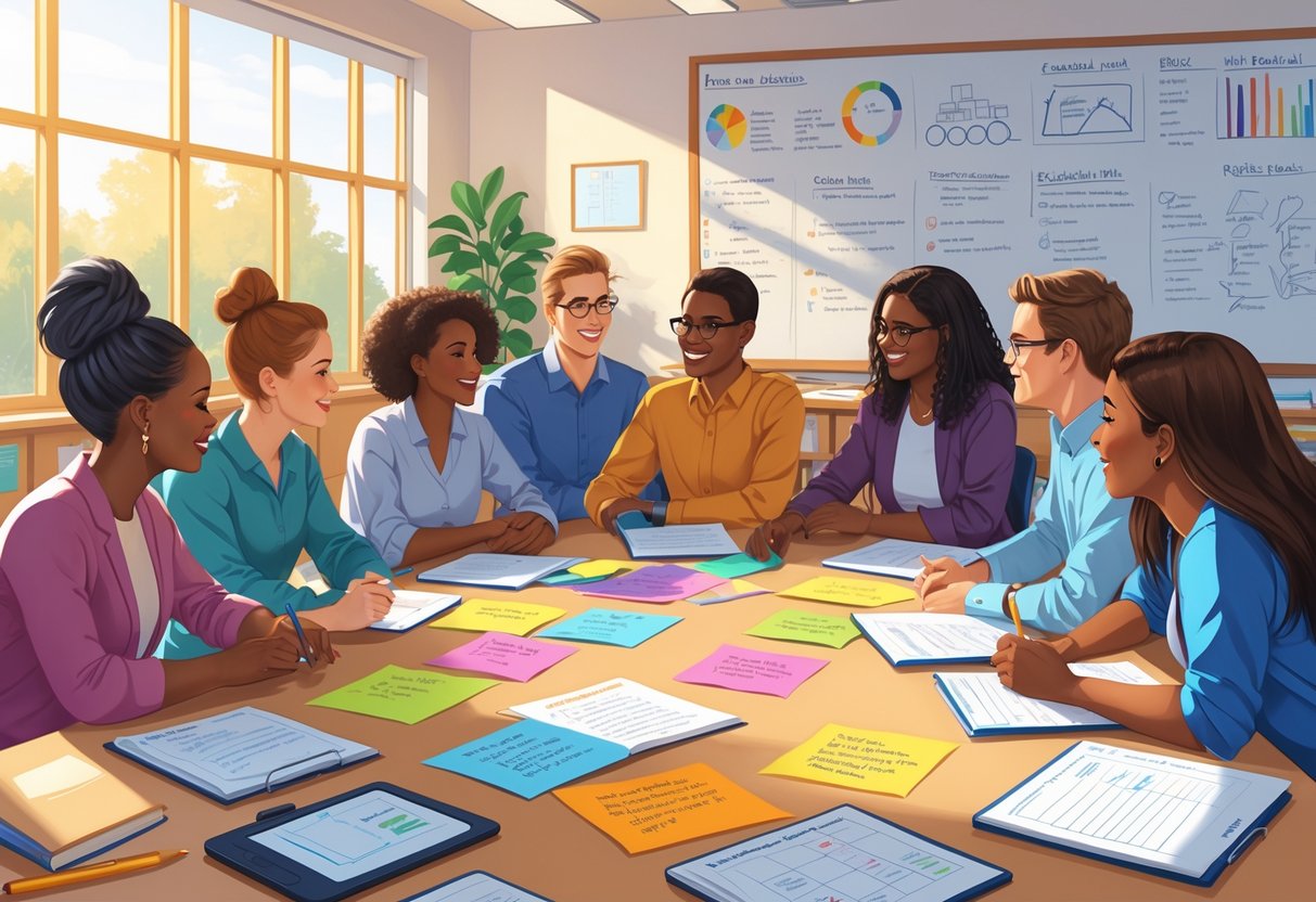 Lesson Starter Ideas: Engaging Ways to Begin Every Lesson LearningMole A group of teachers sitting around a table in a classroom, discussing and reviewing lesson starter ideas with notes and materials spread out.