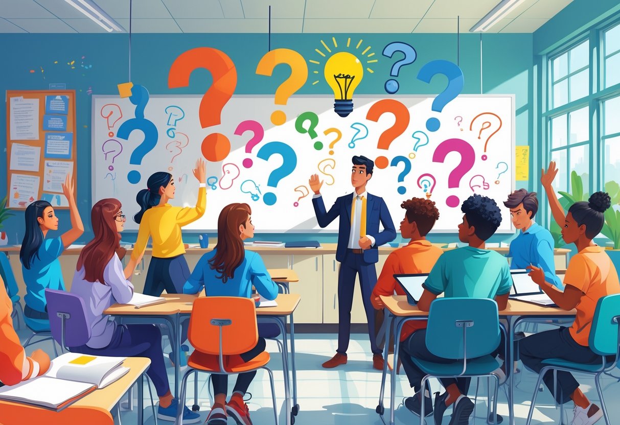 Lesson Starter Ideas: Engaging Ways to Begin Every Lesson LearningMole A teacher and students in a classroom with question marks and lightbulb icons on a whiteboard, showing an interactive lesson discussion.