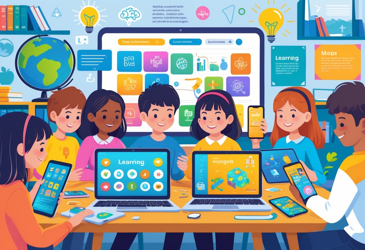 Children and teenagers using laptops, tablets, and smartphones to play educational games in a bright and welcoming learning space.