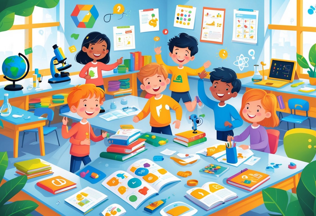 Children and teenagers engaged in various educational activities in a classroom, with areas representing science, maths, language arts, art, and history through interactive learning games.