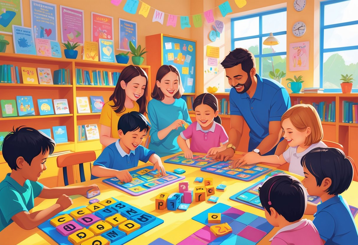 Literacy Games: Fun and Effective Ways to Boost Reading Skills Literacy Games LearningMole Children and adults playing literacy games together in a colourful classroom filled with books and educational materials.