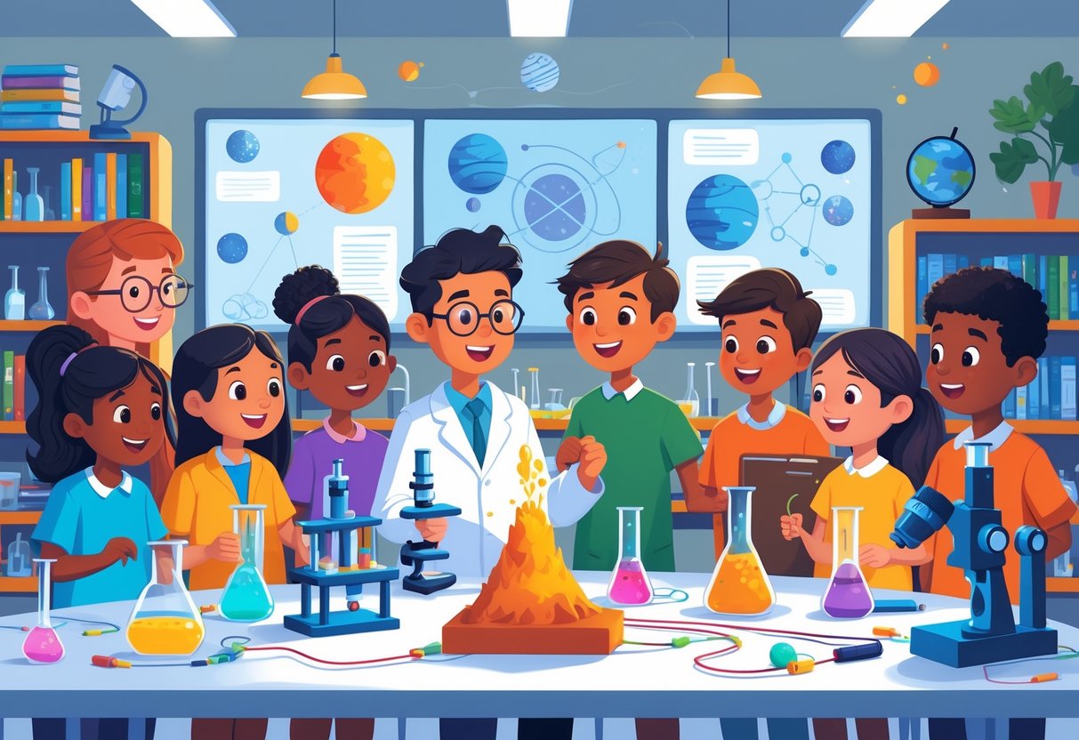 Science Experiments: Creative, Easy Ideas and Key Concepts LearningMole Children and a teacher conducting science experiments together in a bright classroom with scientific equipment and models.
