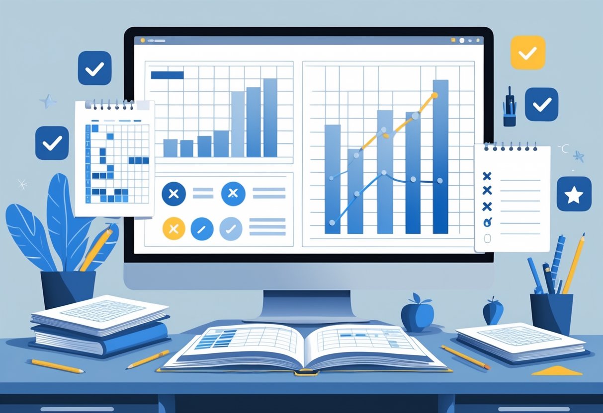 A workspace with notebooks, assessment sheets, and icons representing evaluation criteria, alongside a screen showing charts and graphs related to quality assessment.