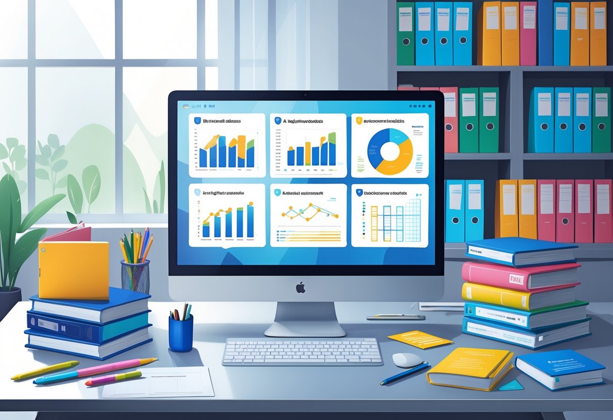 A tidy workspace with a computer showing charts and documents, surrounded by books, papers, and stationery related to educational assessments.