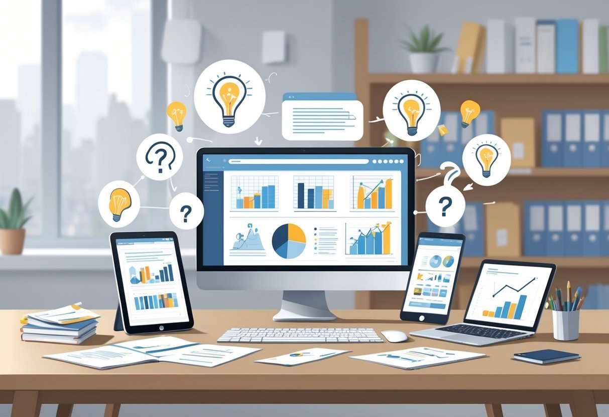 A tidy workspace with papers, notebooks, and digital devices showing charts, surrounded by icons like question marks and checkmarks, with bookshelves in the background.