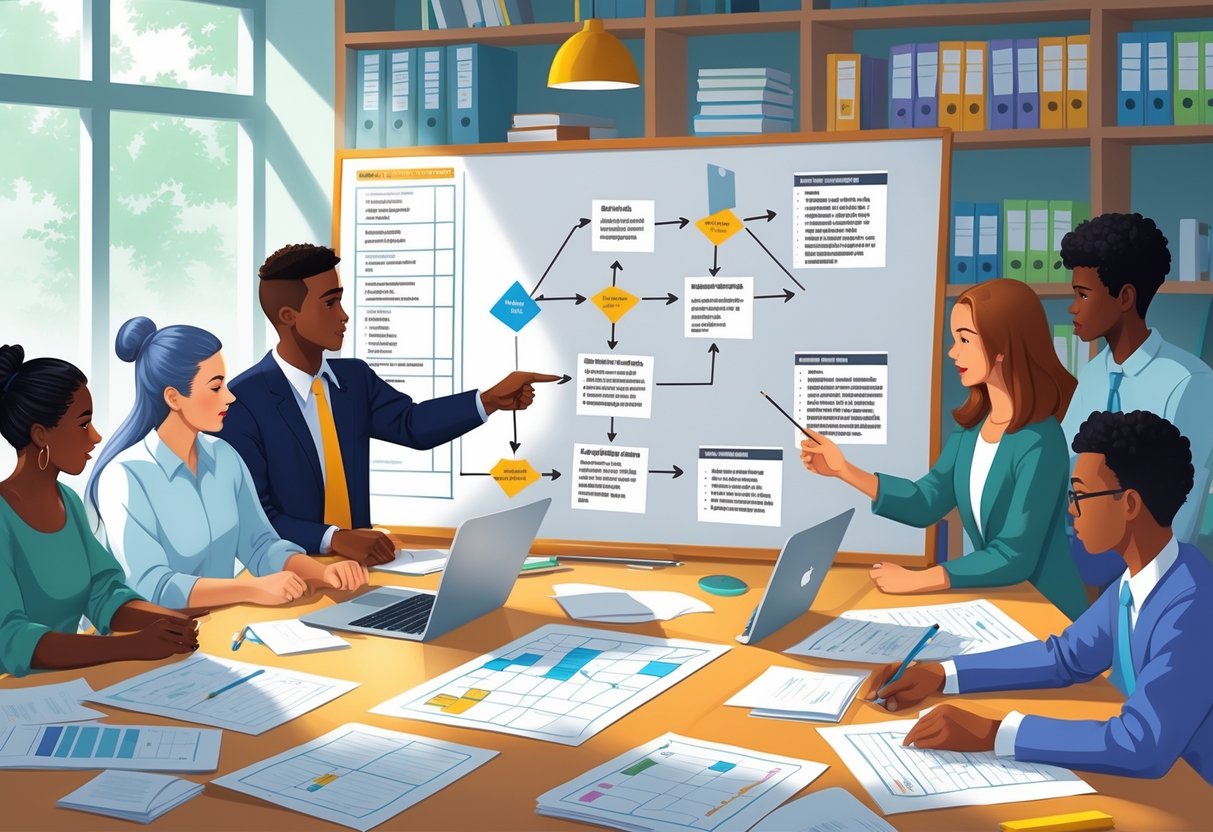 Marking Schemes: Essential Guide to Understanding and Using Them LearningMole A group of educators working together around a table with papers and laptops, discussing and planning the development of marking schemes.