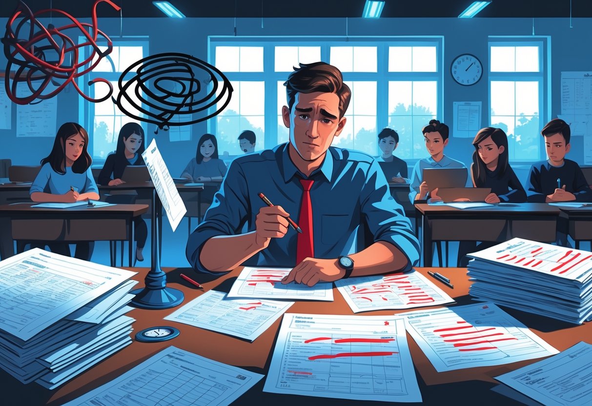 Marking Schemes: Essential Guide to Understanding and Using Them LearningMole A teacher reviewing marked assessment papers at a desk, surrounded by symbols of confusion, fairness issues, and time pressure, with students working in the background.