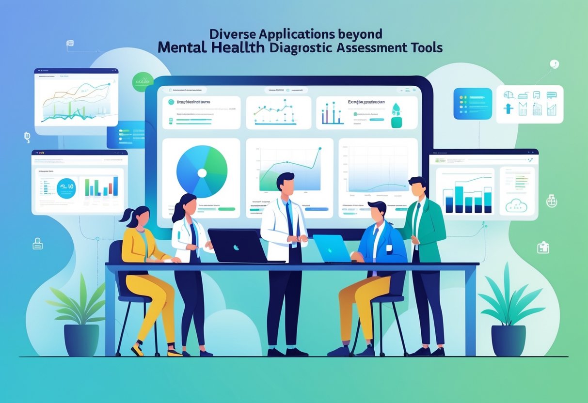 Diagnostic Assessment Tools: Types, Benefits, and Effective Use LearningMole A group of professionals collaborating around a table with digital devices and screens showing data, representing applications of diagnostic tools beyond mental health.