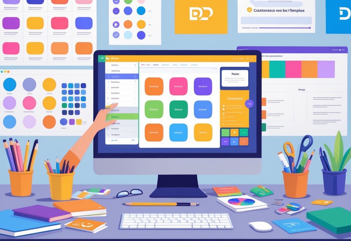 Quiz Templates: The Ultimate Guide to Engaging Online Quizzes LearningMole A workspace showing a person customising quiz templates on a computer with design tools and branding materials around.