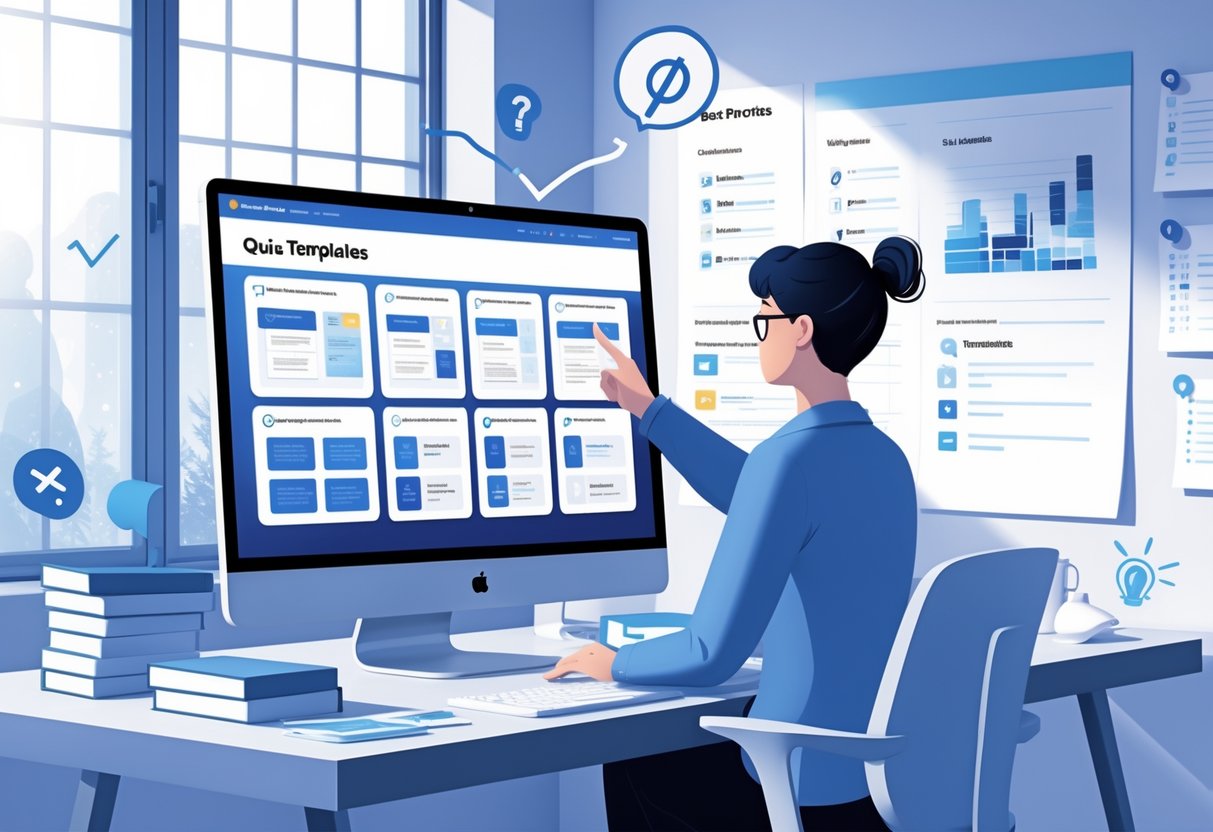 Quiz Templates: The Ultimate Guide to Engaging Online Quizzes LearningMole A person at a desk selecting quiz templates on a computer screen with checklists and charts visible in the background.