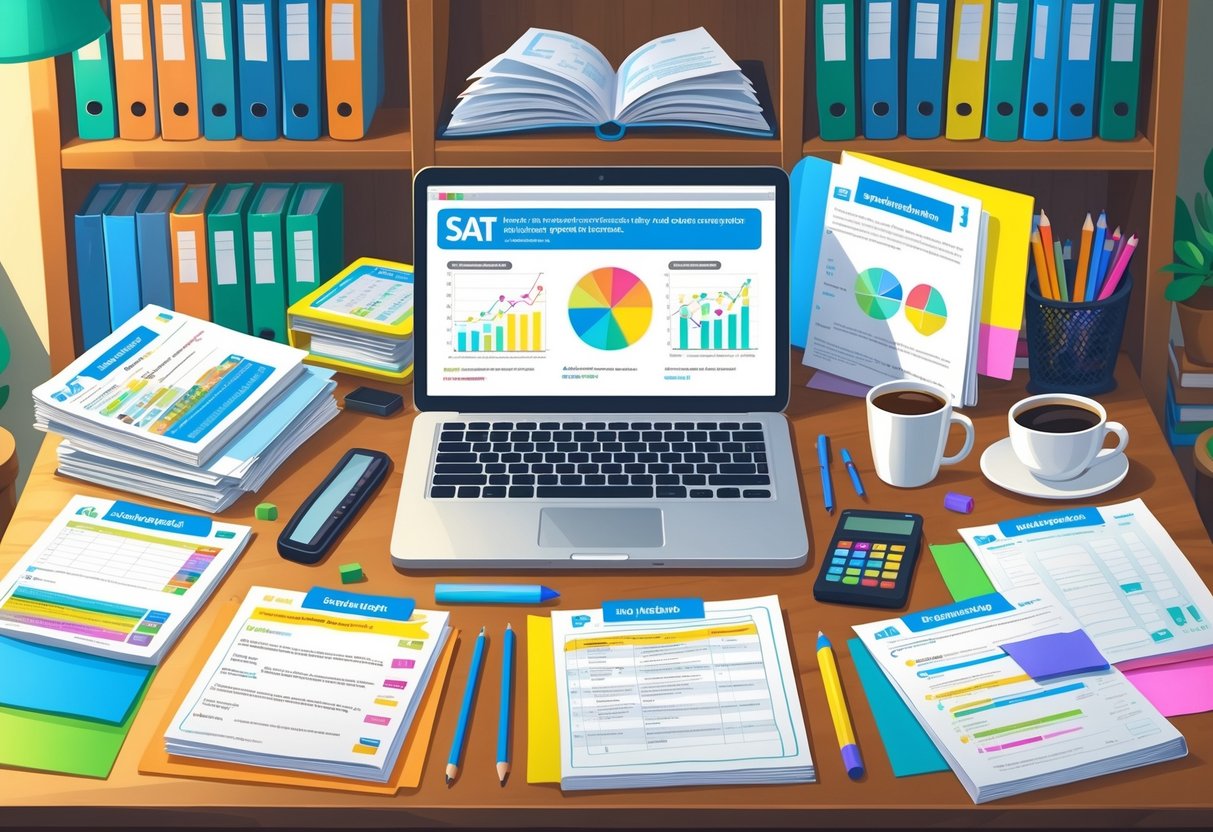 SATs Resources: Essential Tools and Strategies for KS2 Success LearningMole A study desk with various SAT practice papers, stationery, a laptop, and a bookshelf in the background.