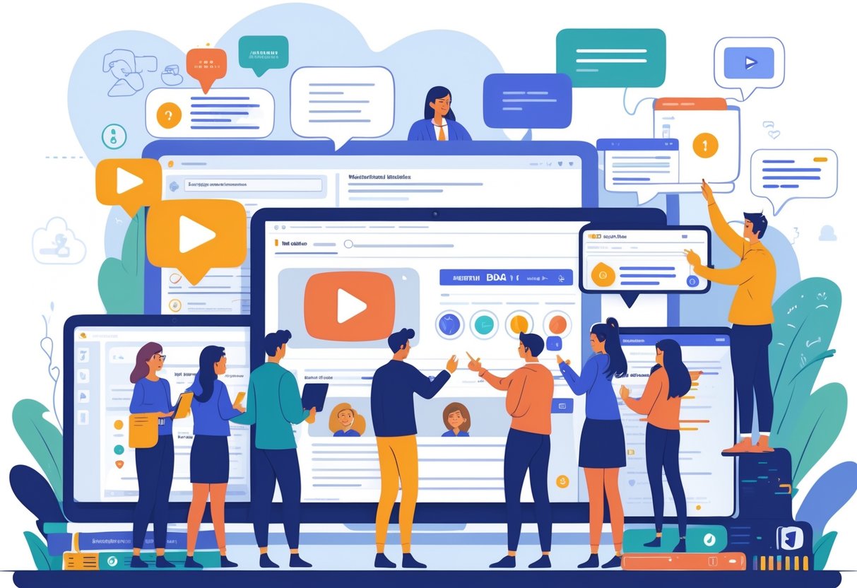 Educational Video Platform: Features, Benefits, and Best Solutions LearningMole A group of students and teachers using digital devices to watch educational videos with interactive features like quizzes and progress bars on the screens.