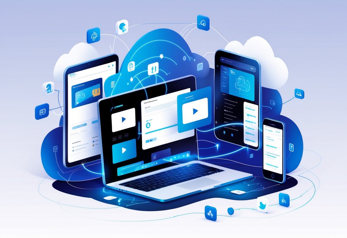 Educational Video Platform: Features, Benefits, and Best Solutions LearningMole Digital devices showing educational videos connected by glowing lines and icons representing learning management system features.