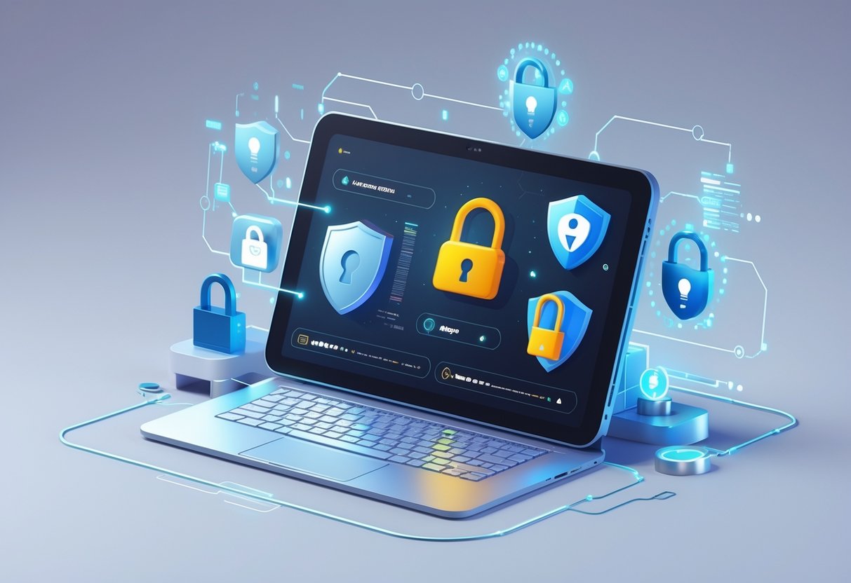 Educational Video Platform: Features, Benefits, and Best Solutions LearningMole A computer screen showing security icons like a shield, lock, and digital key surrounded by glowing network connections, representing a secure educational video platform.