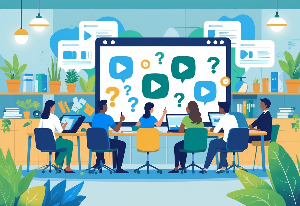 Curriculum Videos: Engaging and Effective Learning Resources LearningMole People watching and discussing educational videos in a bright workspace with a large screen showing video and question mark icons.