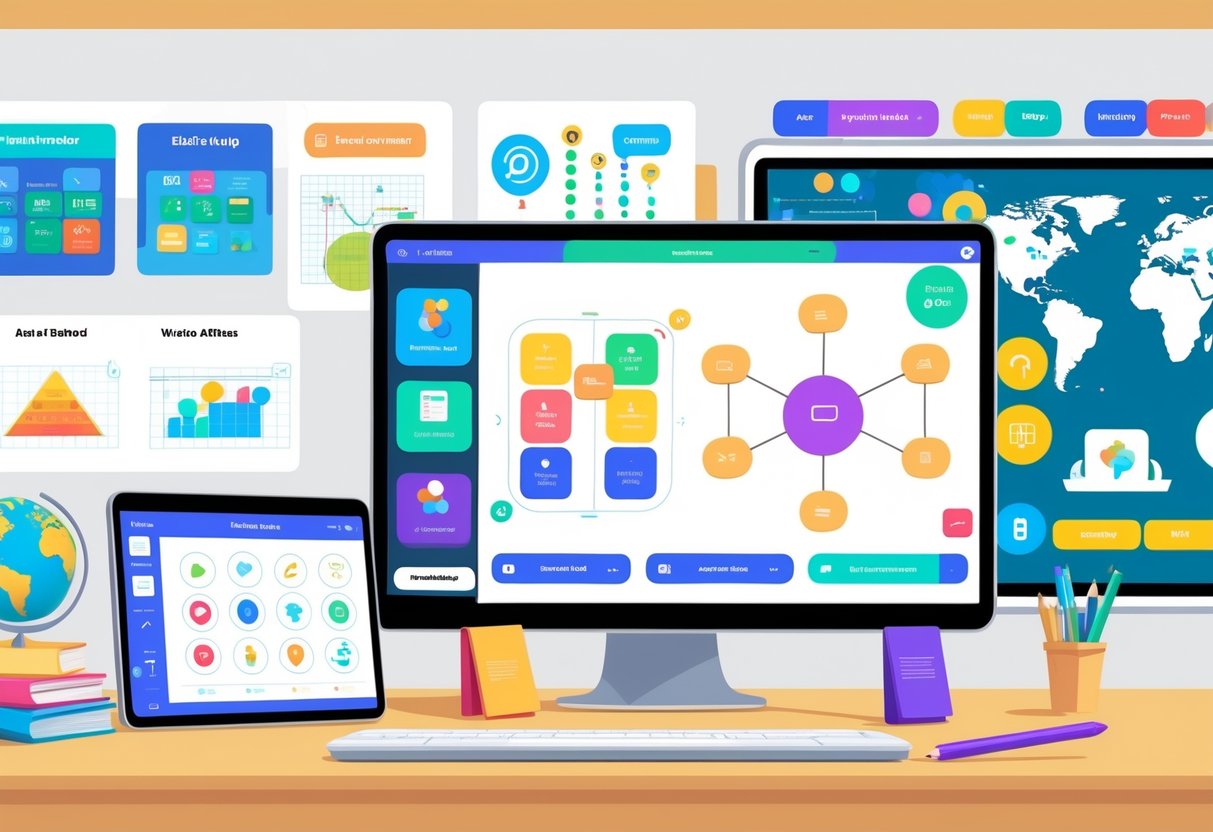 Interactive Teaching Resources: Best Methods, Tools & Classroom Ideas LearningMole A classroom scene showing various interactive teaching tools including a tablet with a quiz, a laptop with a drag-and-drop activity, and a touchscreen board displaying a mind map.