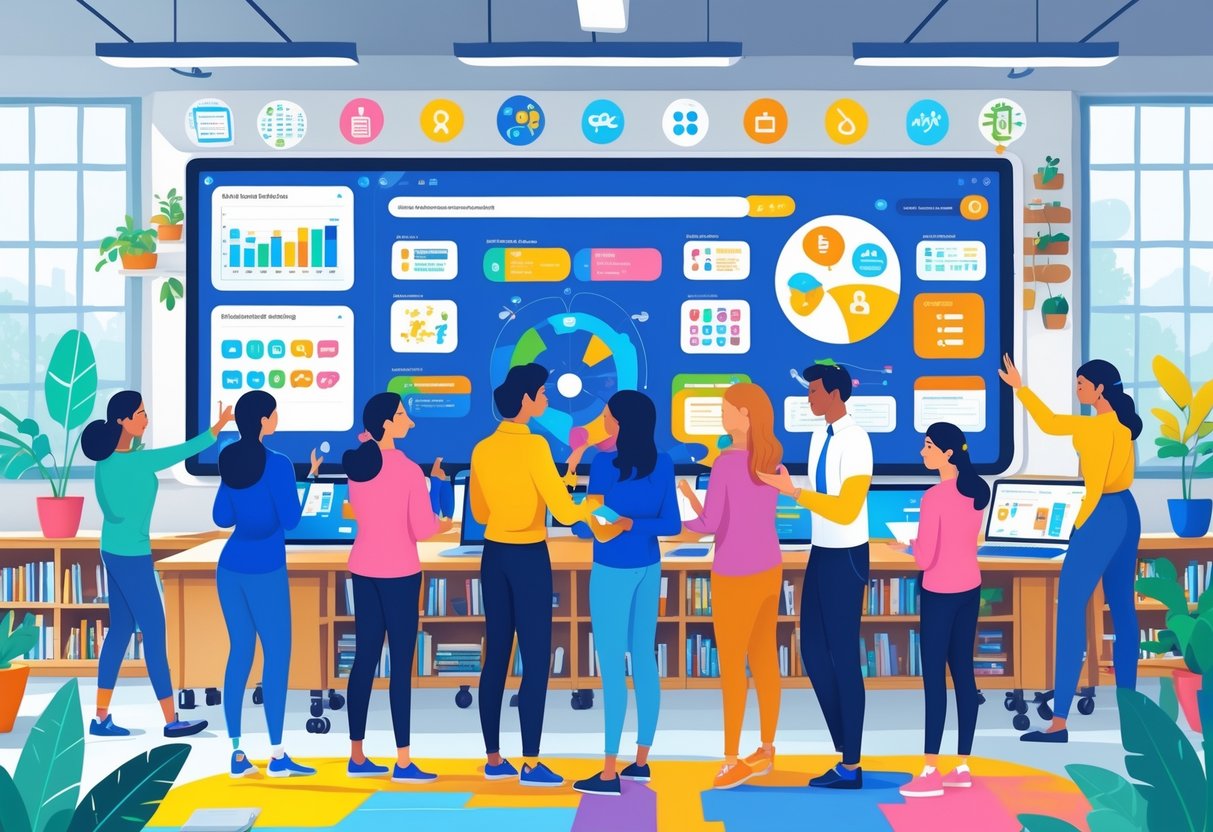 Interactive Teaching Resources: Best Methods, Tools & Classroom Ideas LearningMole Teachers using tablets, laptops, and interactive whiteboards in a bright classroom, collaborating with digital teaching tools and educational resources.