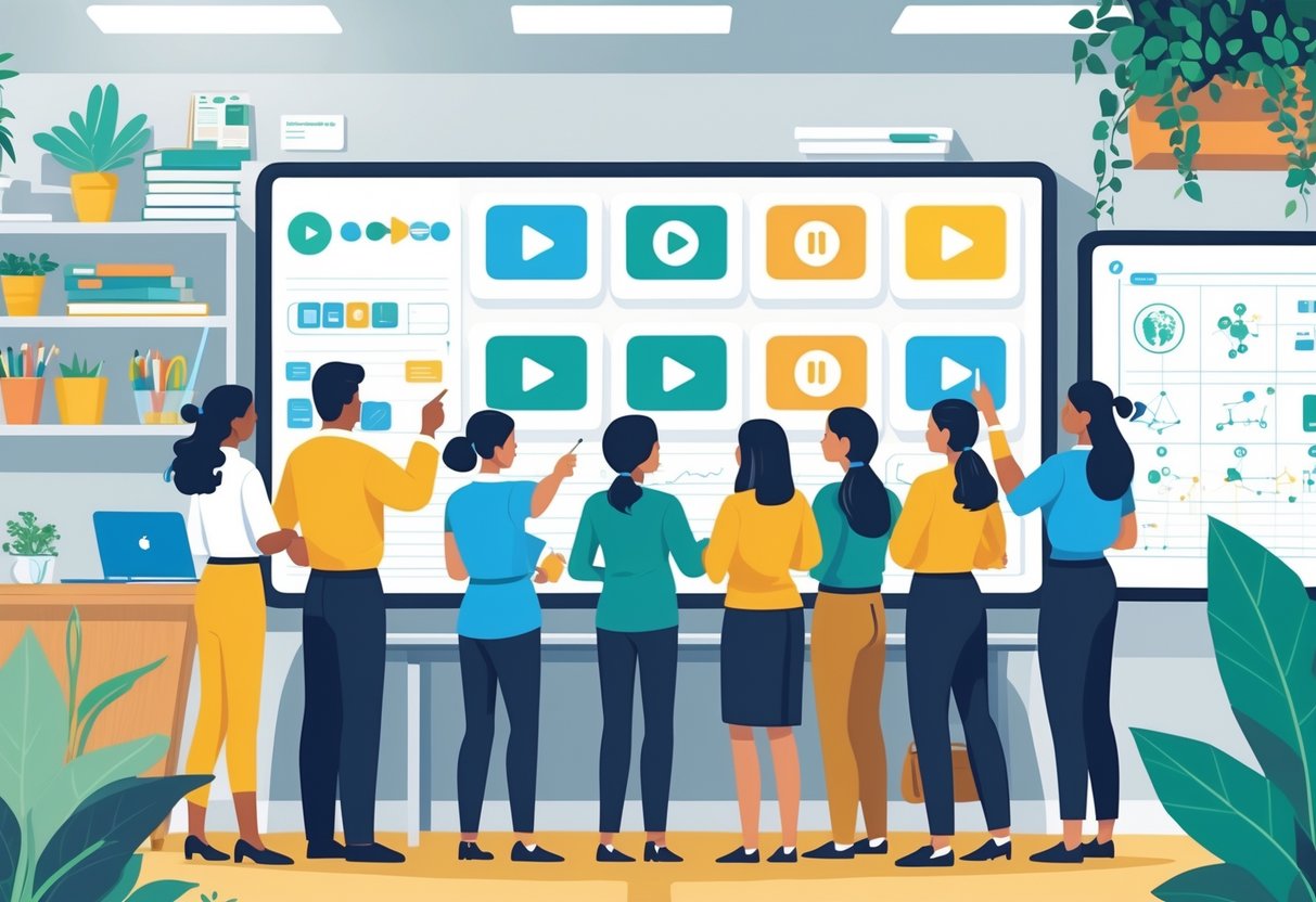 Video Tutorials for Teachers: Top Resources & Effective Strategies LearningMole A group of teachers gathered around a digital screen in a classroom, engaging with video tutorial icons and educational materials.