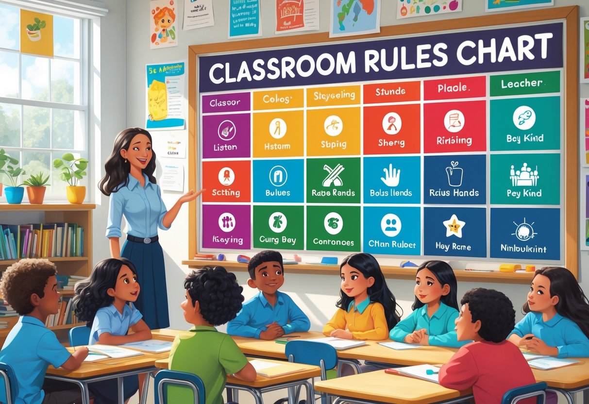 Classroom Rules Template: Build Positive Learning Environments LearningMole A classroom with a teacher showing a colourful rules chart to attentive students.