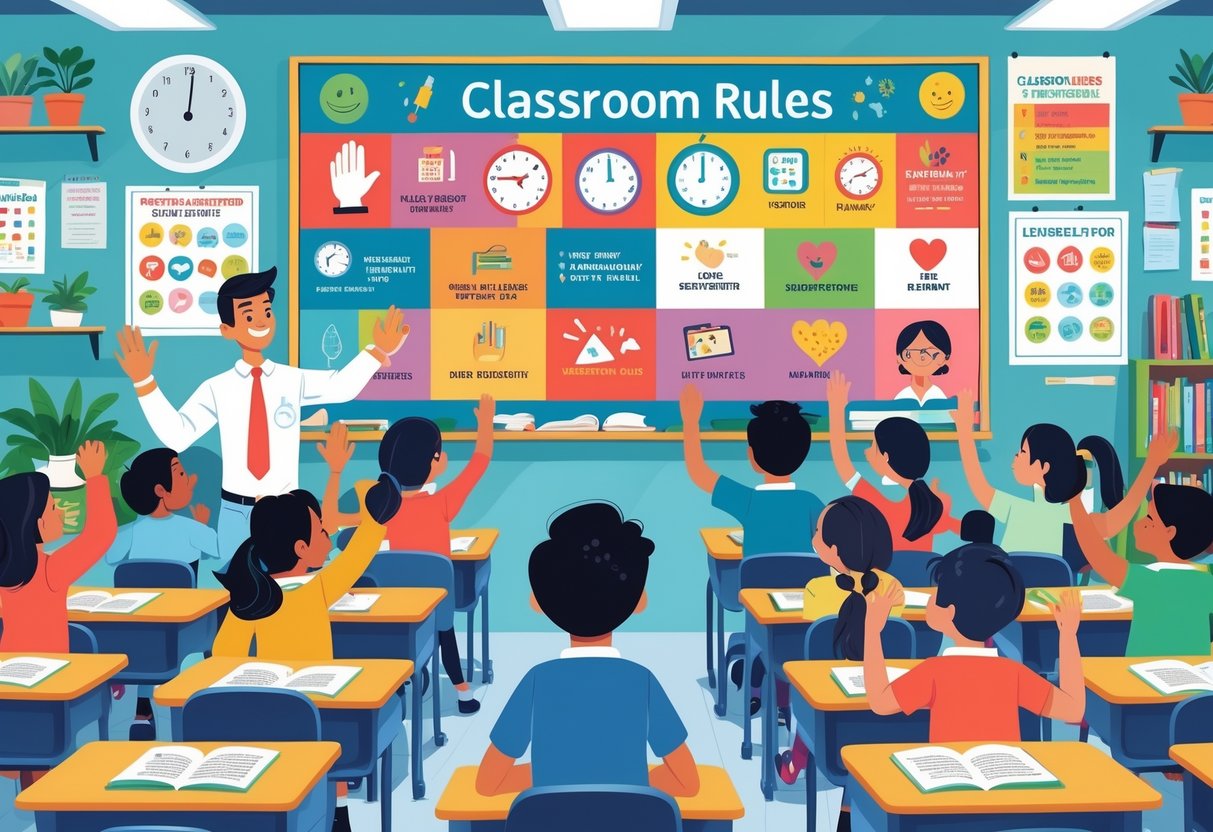 Classroom Rules Template: Build Positive Learning Environments LearningMole A classroom with students raising their hands and a teacher pointing to a colourful poster showing visual symbols of classroom rules.