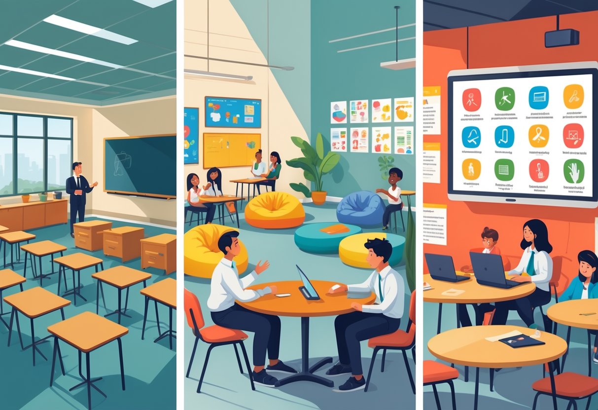 Classroom Rules Template: Build Positive Learning Environments LearningMole Three different classroom settings showing students and teachers interacting in traditional, modern, and virtual learning environments.