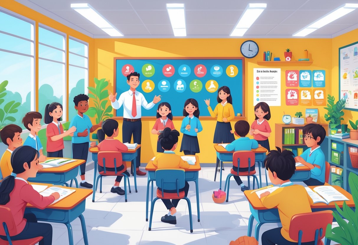 Classroom Rules Template: Build Positive Learning Environments LearningMole A classroom with children working together respectfully and a teacher encouraging positive behaviour, showing a calm and organised learning environment.