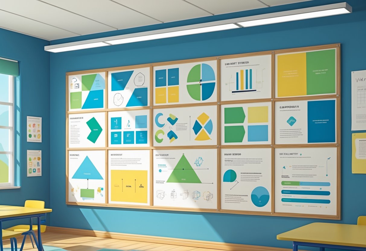 Classroom Displays: Inspiring and Organising Your Learning Space LearningMole A classroom wall display showing organised sections with colourful shapes and diagrams illustrating design principles, set among desks and chairs.