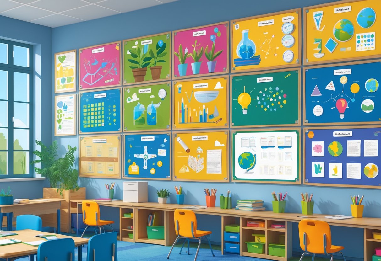 Classroom Displays: Inspiring and Organising Your Learning Space LearningMole A colourful classroom with subject-themed displays on the walls featuring maths, science, literature, and geography decorations, with desks and chairs arranged neatly.