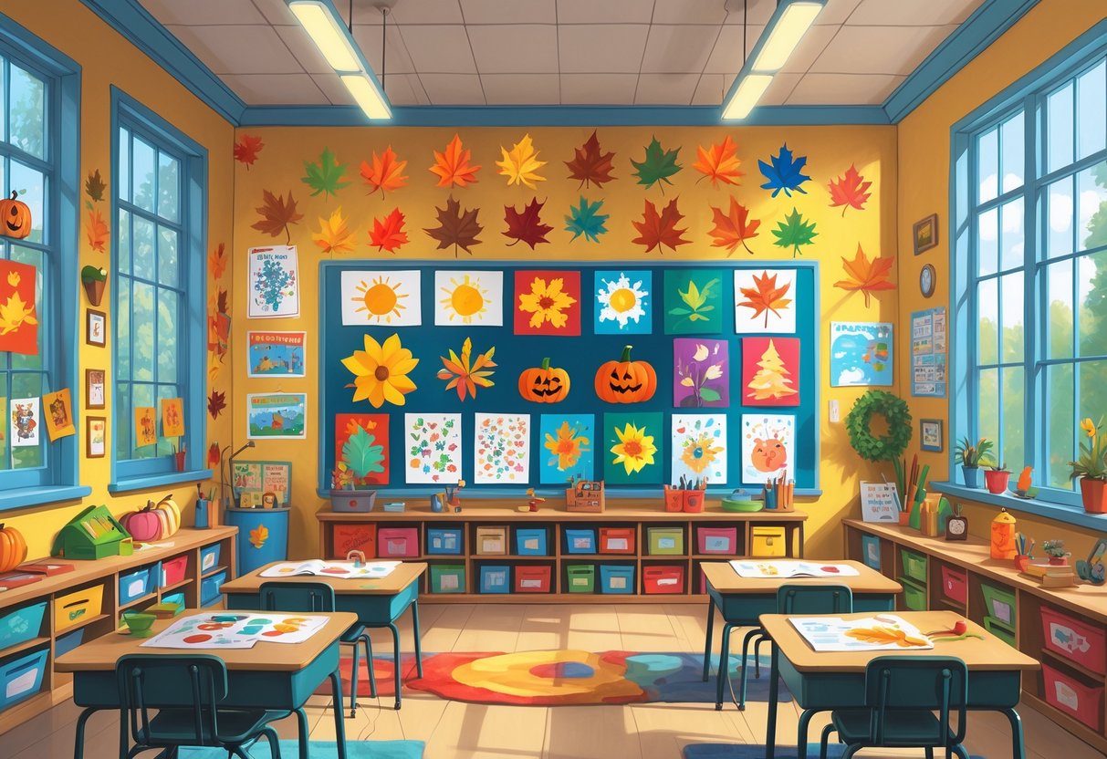 Classroom Displays: Inspiring and Organising Your Learning Space LearningMole A classroom decorated with colourful seasonal and event-themed displays including autumn leaves, snowflakes, flowers, pumpkins, and Christmas ornaments.