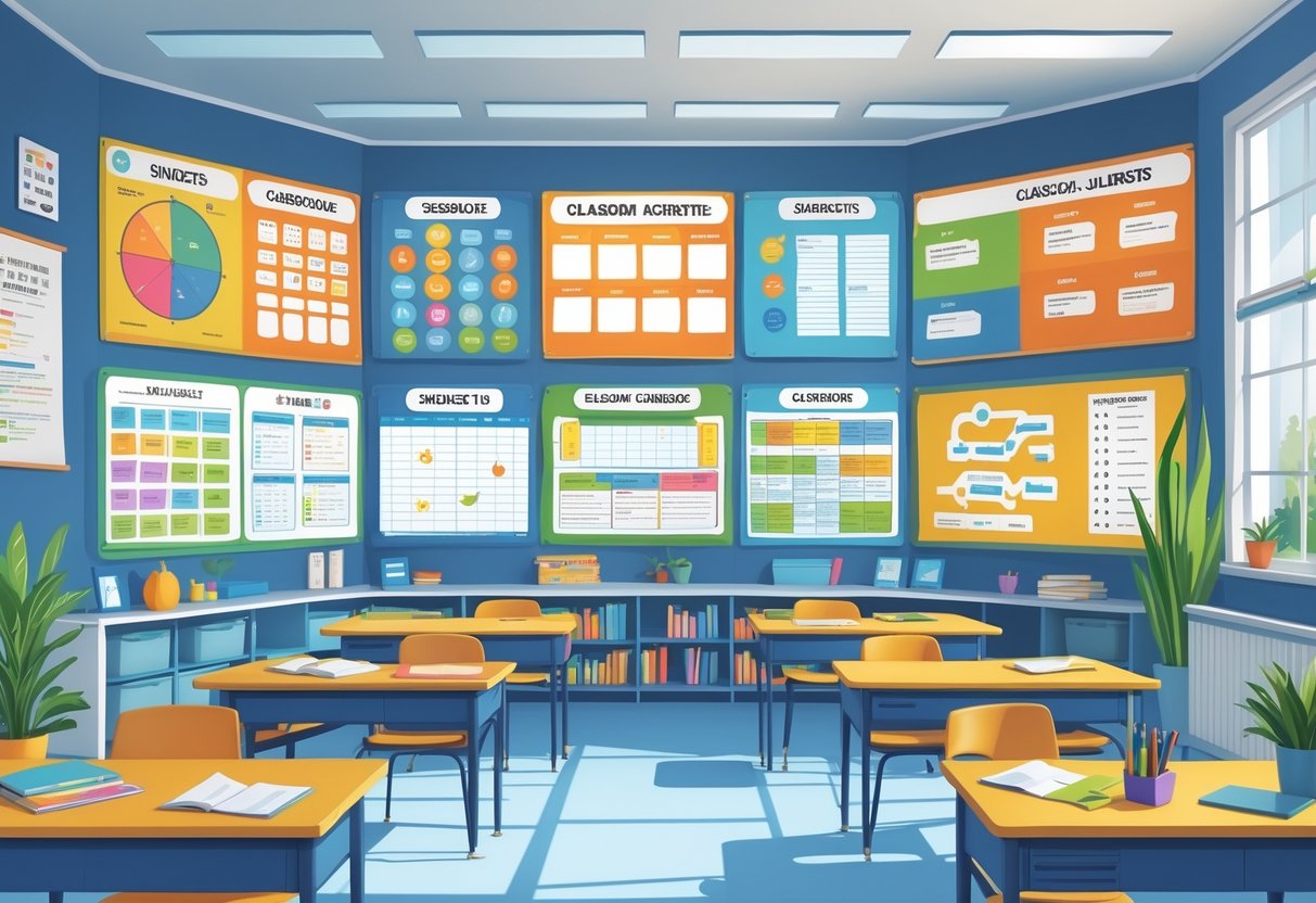 Classroom Displays: Inspiring and Organising Your Learning Space LearningMole A tidy classroom with colourful organisational displays on the walls, including charts, calendars, and task lists, with desks and learning materials arranged neatly.