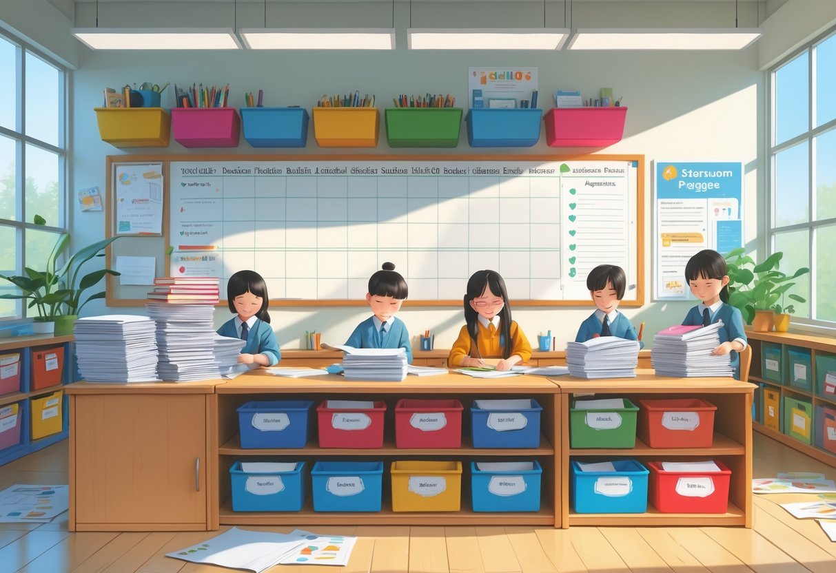 Classroom Organisation Resources: Tools & Tips for an Organised School Year LearningMole A well-organised classroom with labelled trays and folders for collecting student work, a tidy teacher's desk, and students placing their assignments in designated areas.